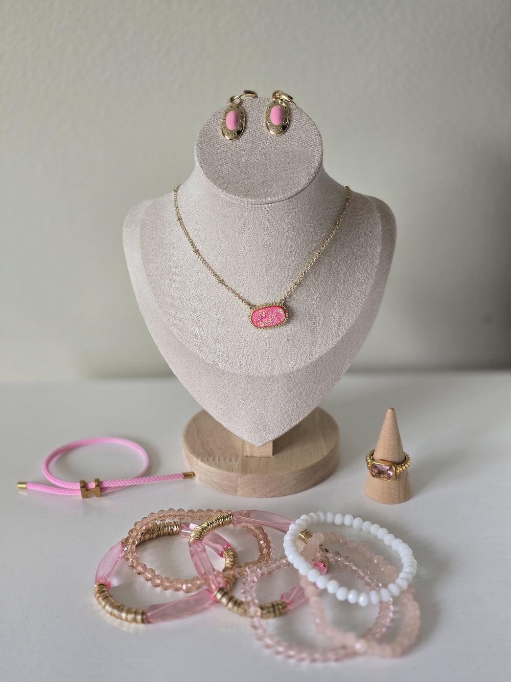 Gold-Tone Pink Druzy Pendant Necklace and Earring Set